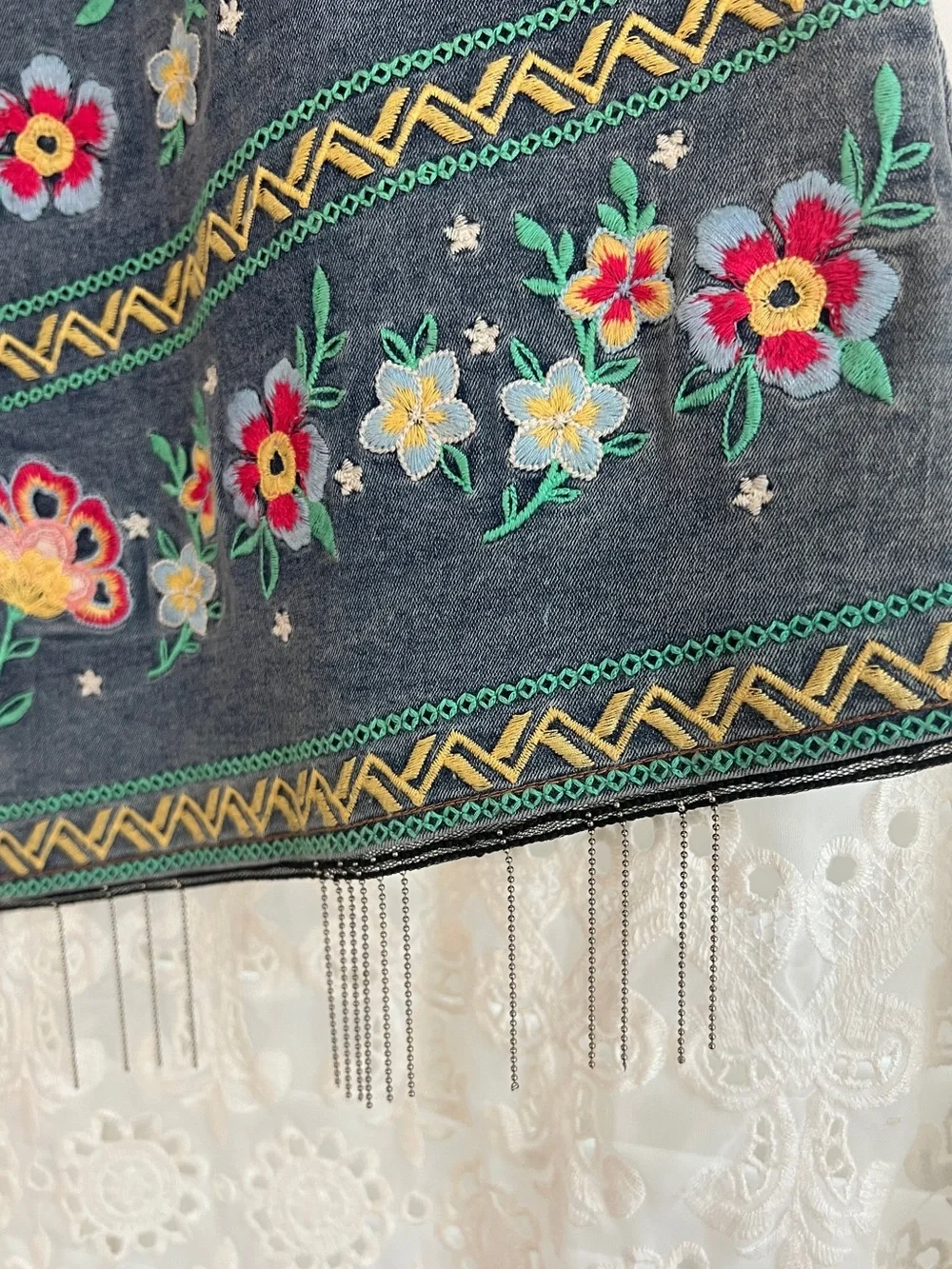 Savanna Jane Denim Floral Embroidered Womens Large Colorful Boho Tight Skirt